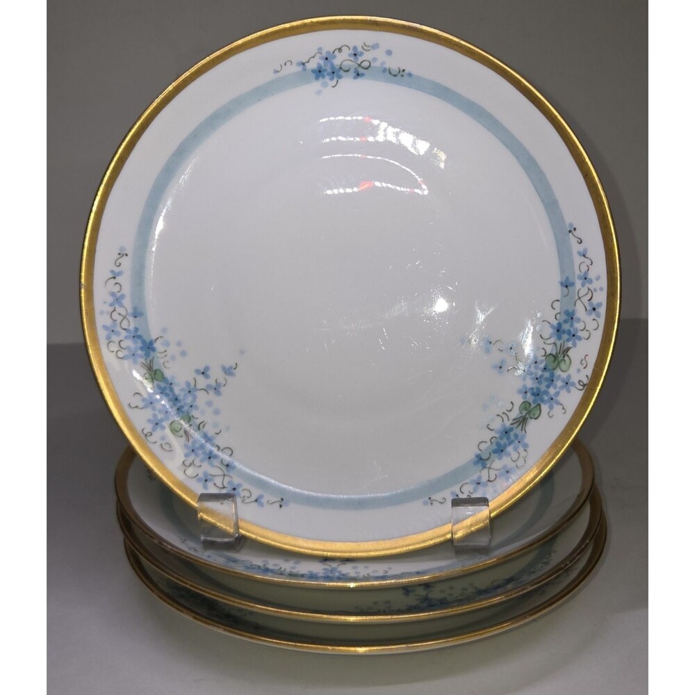 Set Of 4 Antique KPM Salad Plates Hand Painted 8" Floral Forget Me Not Gold